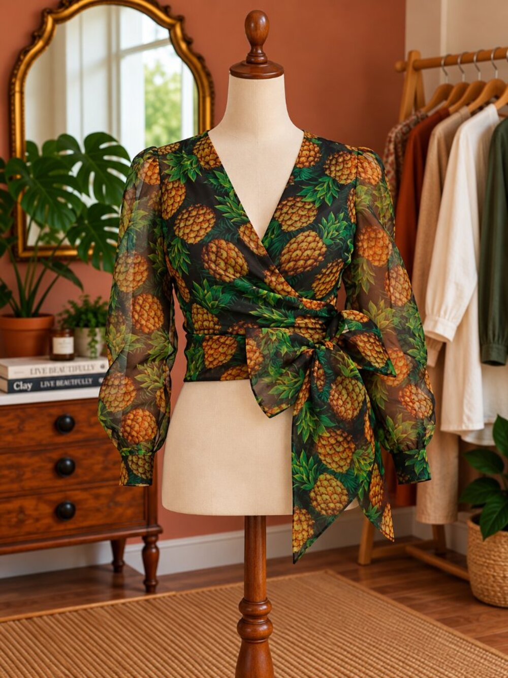 New York & Company Pineapple Print Sheer Blouse